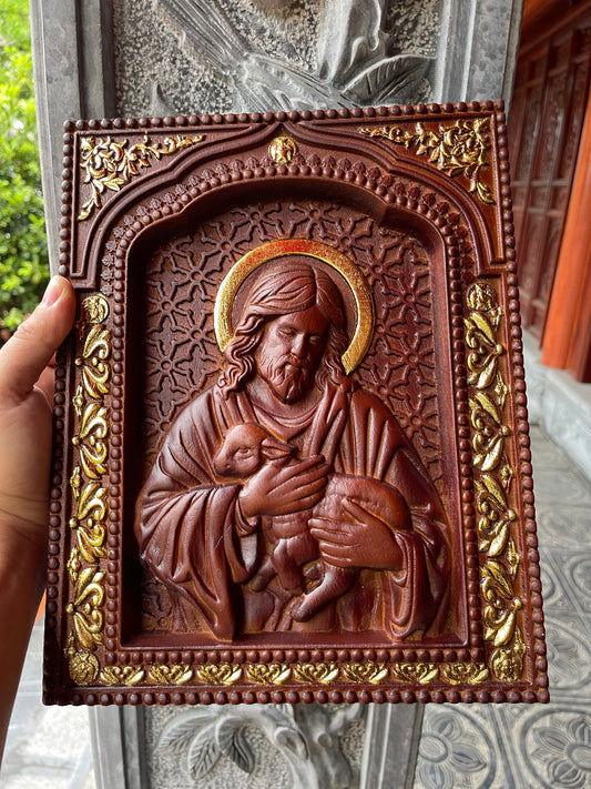 The Good Shepherd – Hand-Carved Jesus with Lamb | Christian Wall Art | Wooden Religious Icon | Catholic Gift | Faith Home Decor