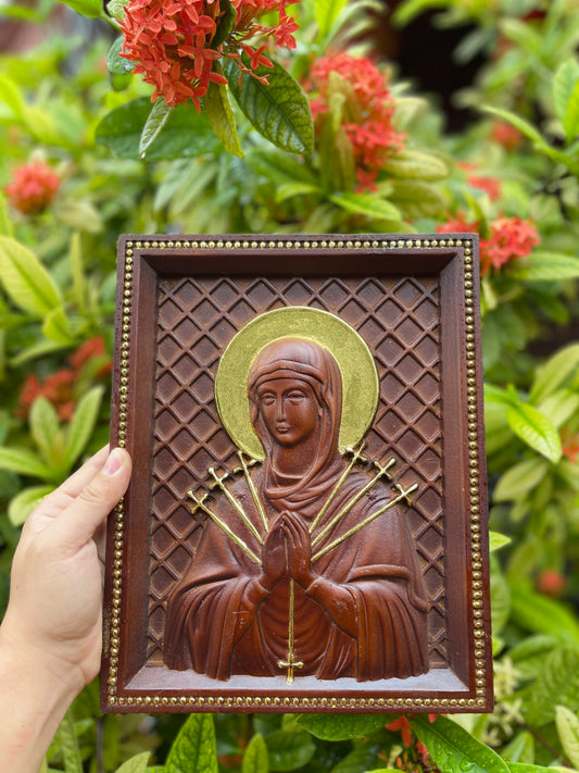 Our Lady of Sorrows – Hand-Carved Wooden Icon | Virgin Mary Religious Wall Art | Catholic Gift | 7 Swords Heart