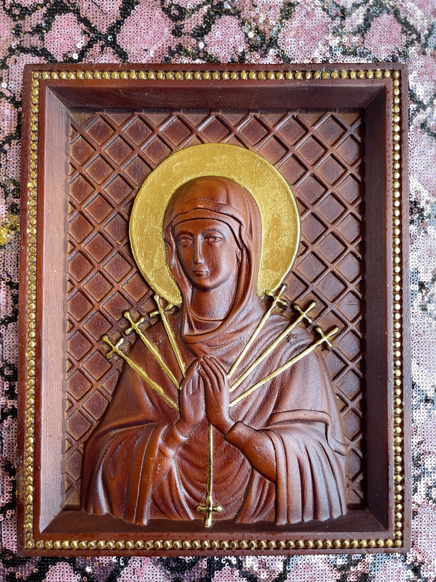 Our Lady of Sorrows – Hand-Carved Wooden Icon | Virgin Mary Religious Wall Art | Catholic Gift | 7 Swords Heart