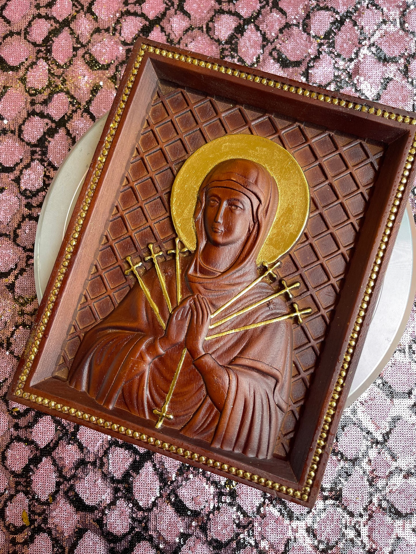 Our Lady of Sorrows – Hand-Carved Wooden Icon | Virgin Mary Religious Wall Art | Catholic Gift | 7 Swords Heart