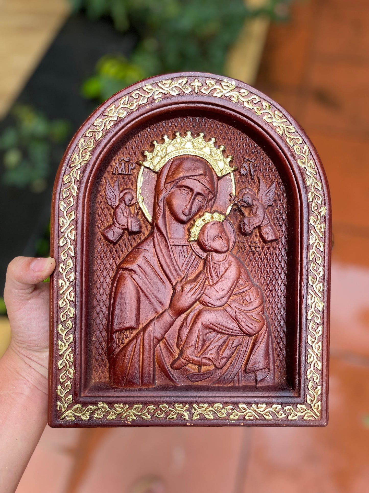 Our Lady of Perpetual Help – Hand-Carved Virgin Mary Icon | Catholic Wall Art | Wooden Religious Plaque | Marian Home Decor